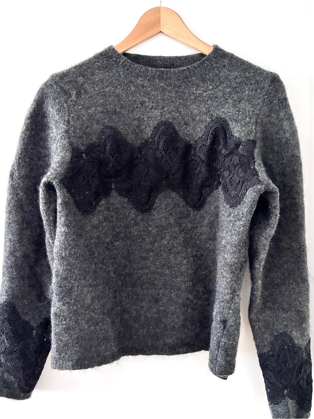 Zara Studio Gray Women's Crewneck Sweater with Black Lace Detail Size L